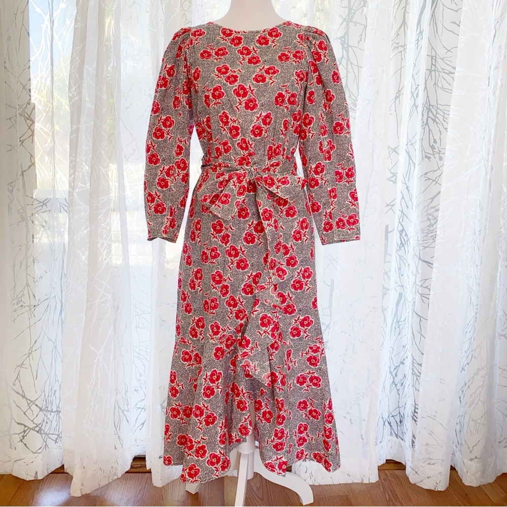 REBECCA TAYLOR black white red Coral Fleur puff Long Sleeve belt Midi Dress